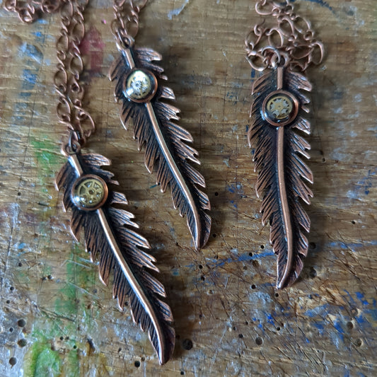 Copper Plated Feather and Watch Part Pendant
