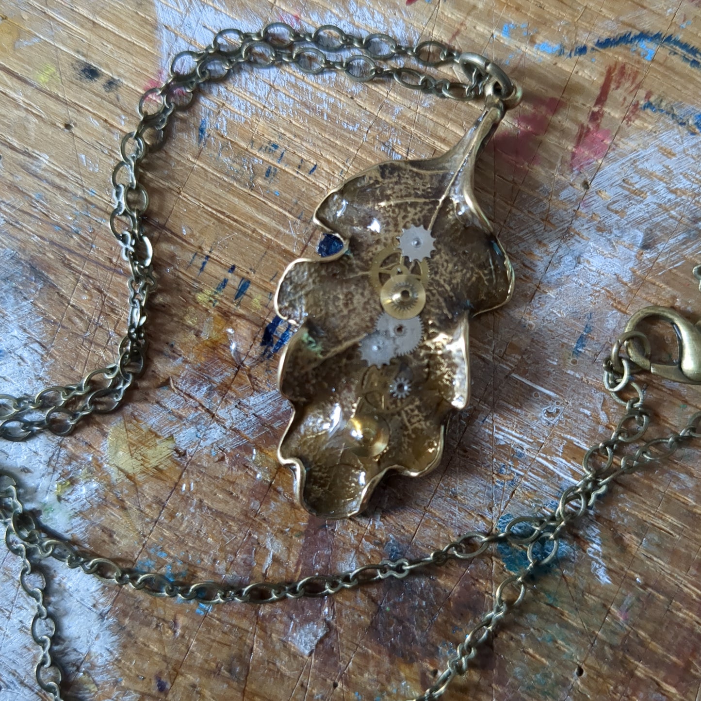 Brass Oak Leaf Pendant with Watch Parts