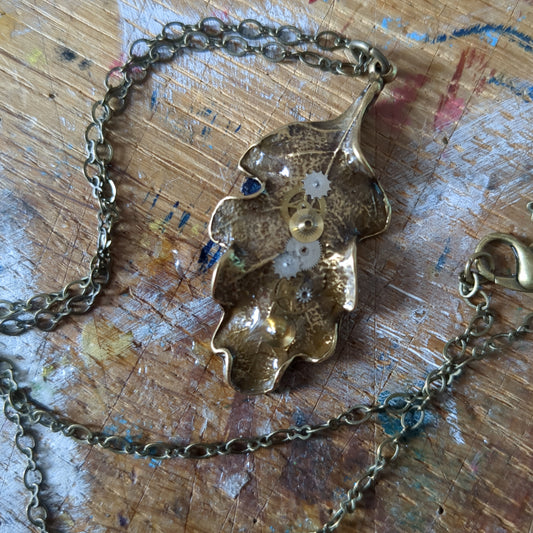 Brass Oak Leaf Pendant with Watch Parts