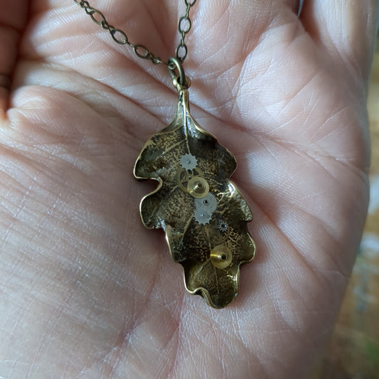 Brass Oak Leaf Pendant with Watch Parts