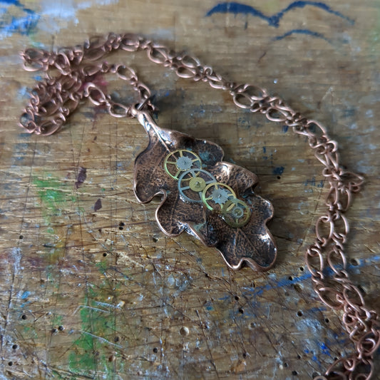 Copper Plated Oak Leaf Pendant with Watch Parts