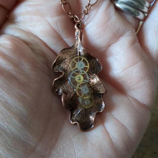 Copper Plated Oak Leaf Pendant with Watch Parts