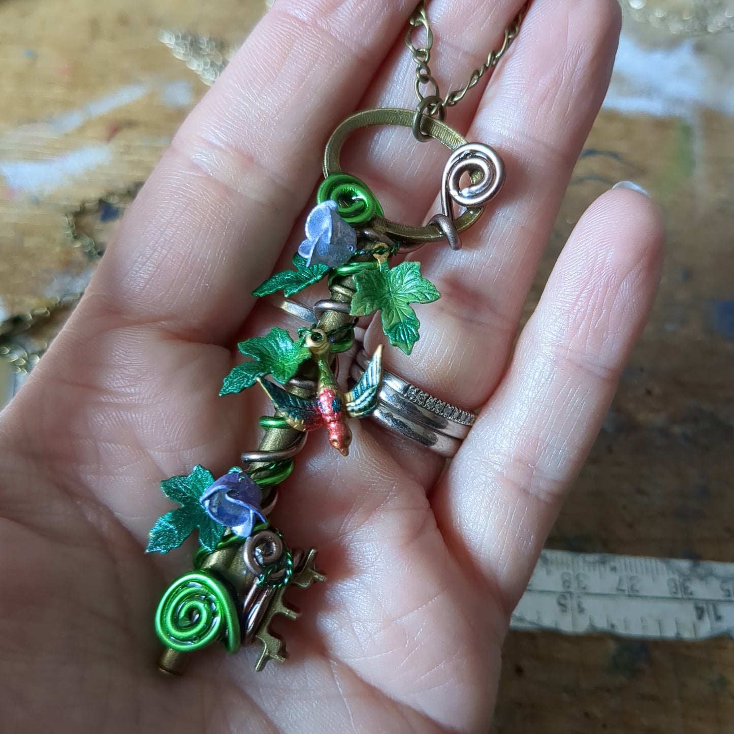 Bird and Flowers Wire wrapped Key Pendant