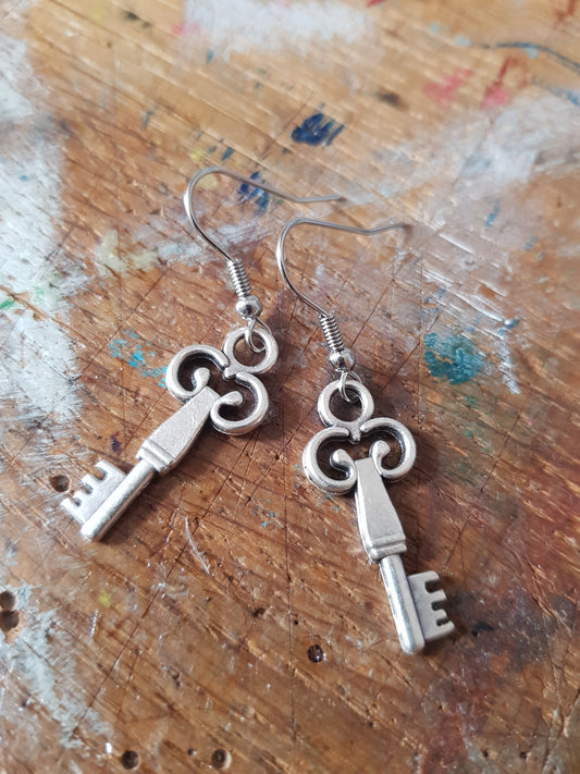 Silver Tone Key Earrings