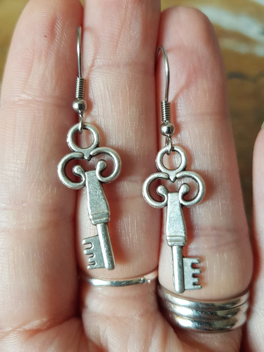 Silver Tone Key Earrings