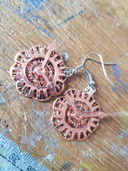Rose Gold and Copper Tone Cog, Filigree and Clock Hands Earrings