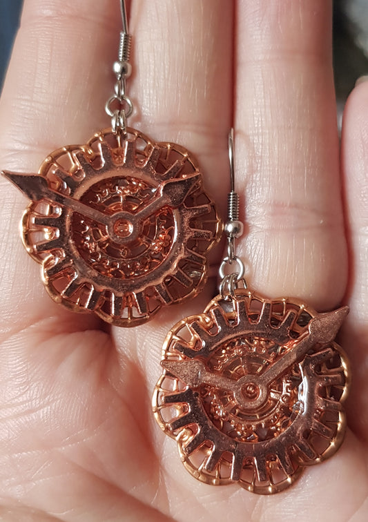 Rose Gold and Copper Tone Cog, Filigree and Clock Hands Earrings