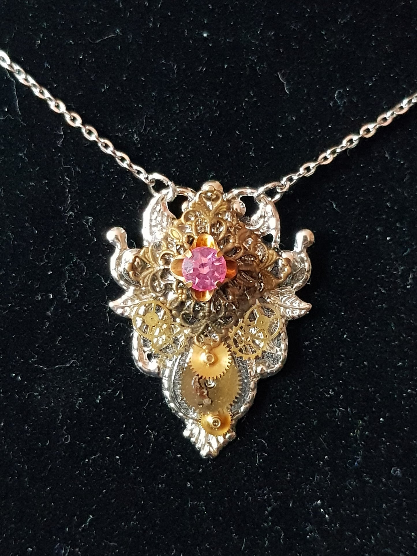 Delicate Pink Stone Steampunk Necklace