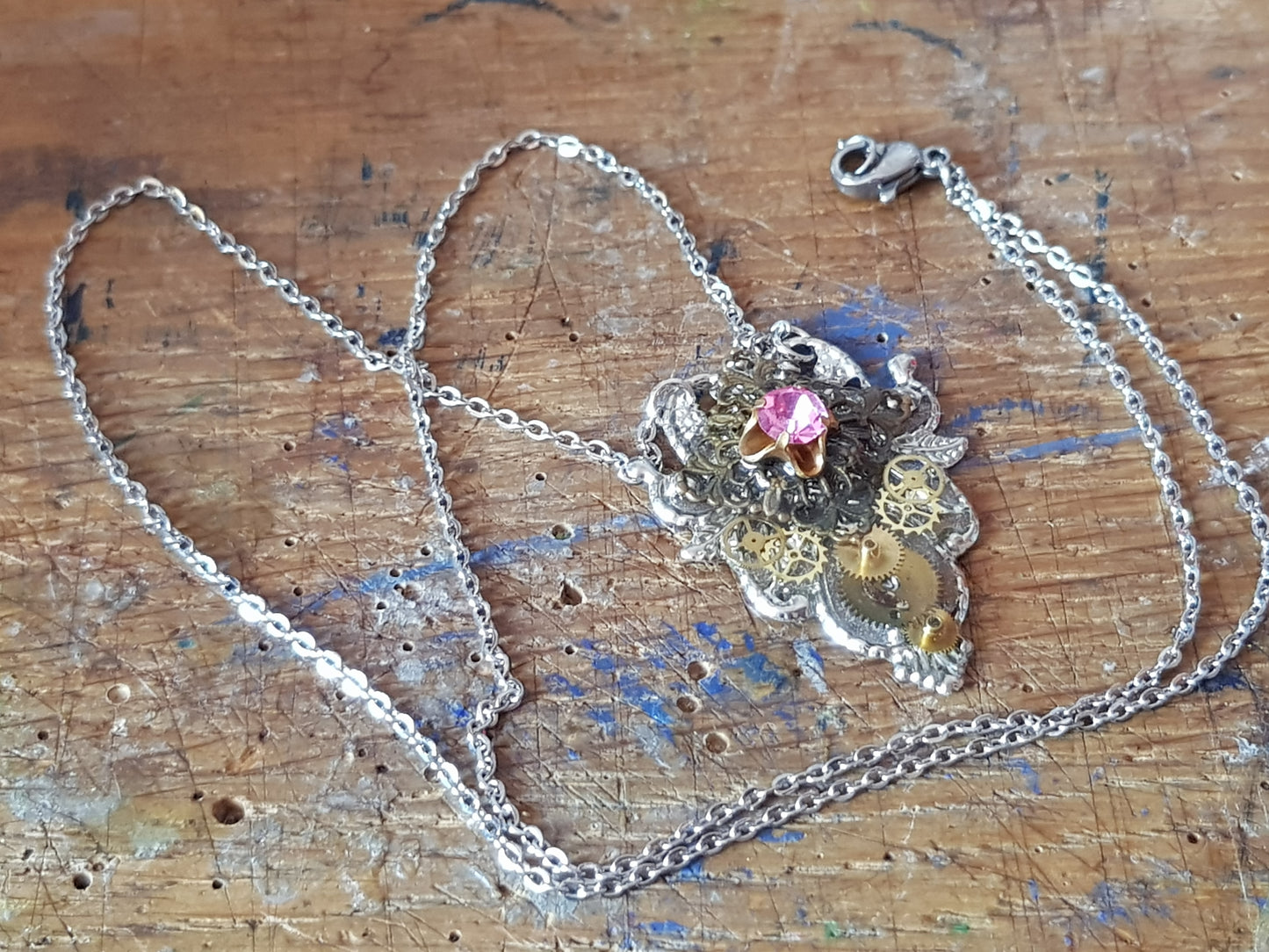 Delicate Pink Stone Steampunk Necklace