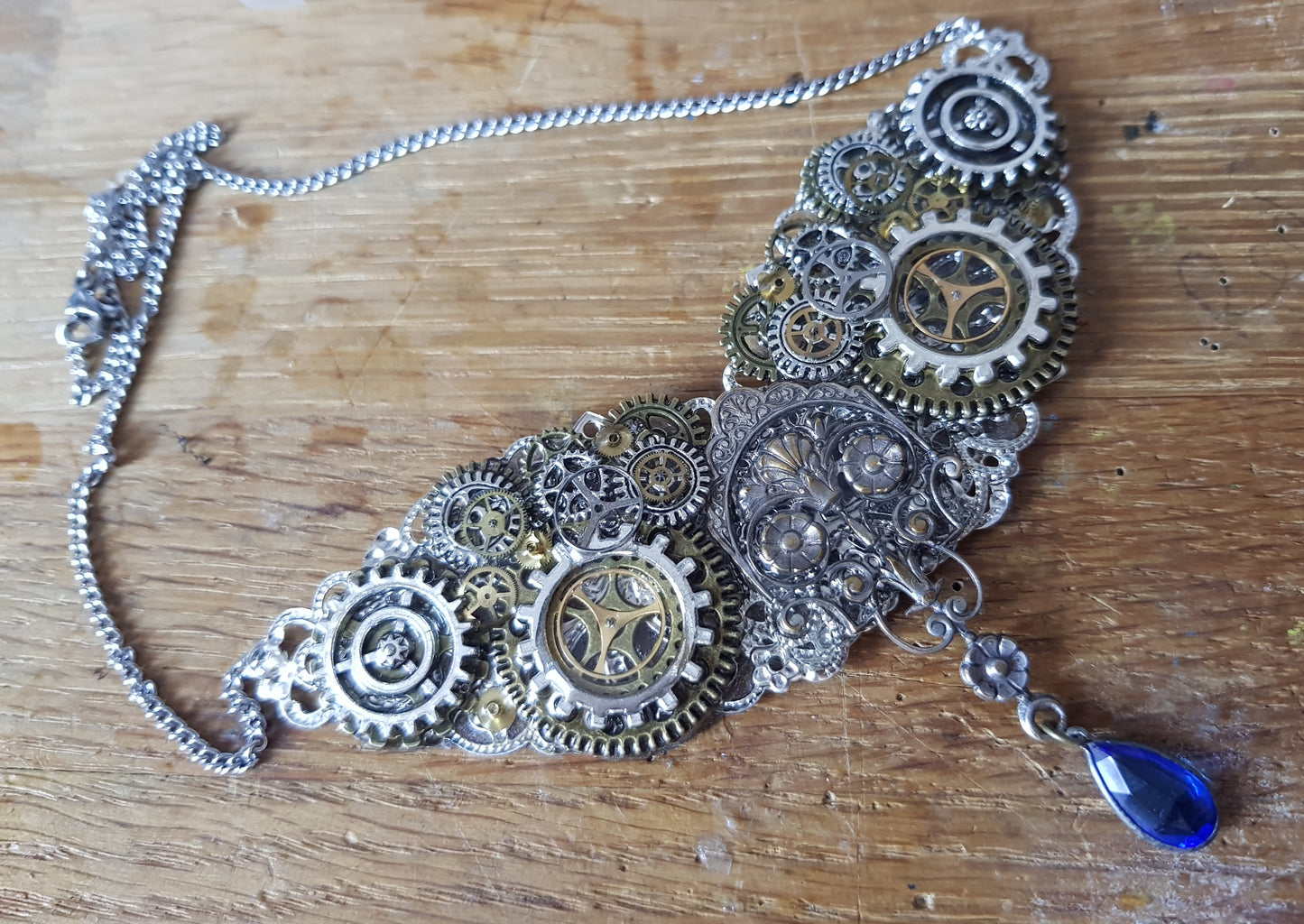 Blue Drop and Watch Parts Steampunk Bib Necklace