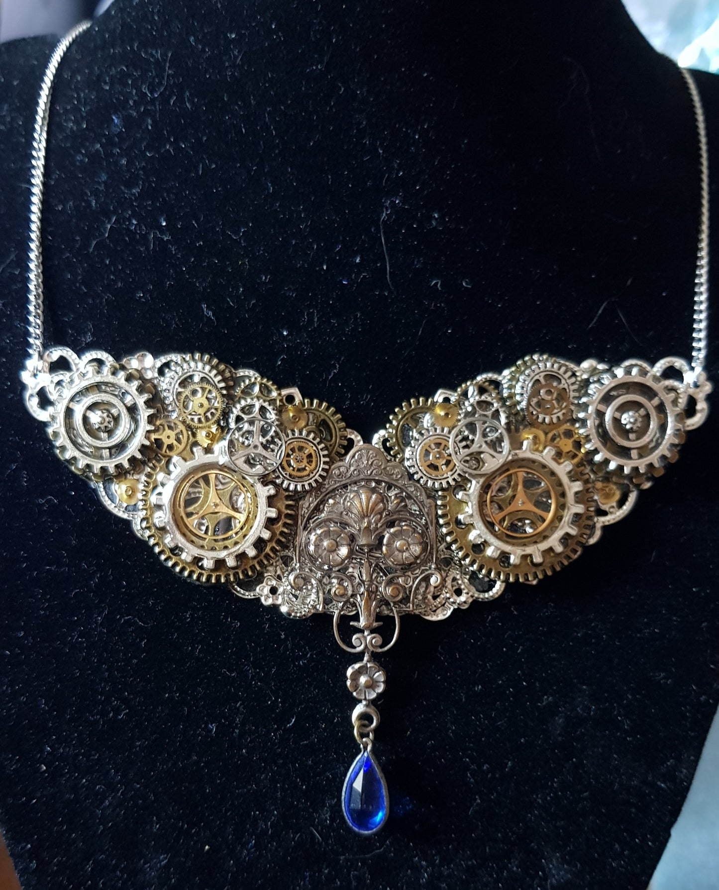 Blue Drop and Watch Parts Steampunk Bib Necklace