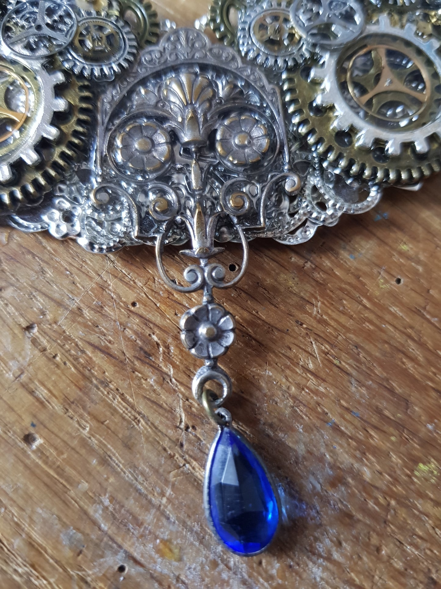 Blue Drop and Watch Parts Steampunk Bib Necklace