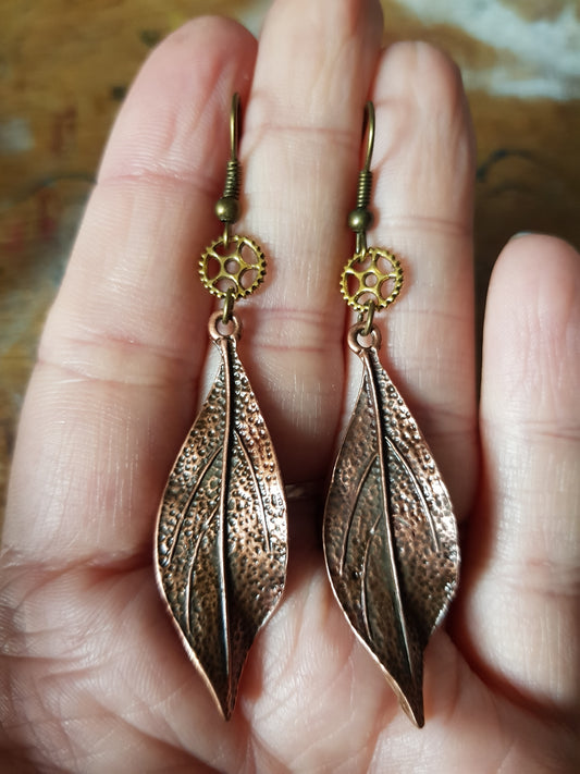 Copper Leaf and Golden Cog Earrings