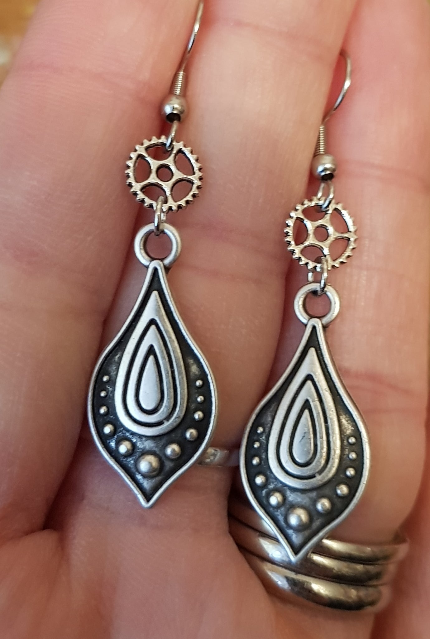 Silver Toned Cog and Paisley Style Earrings