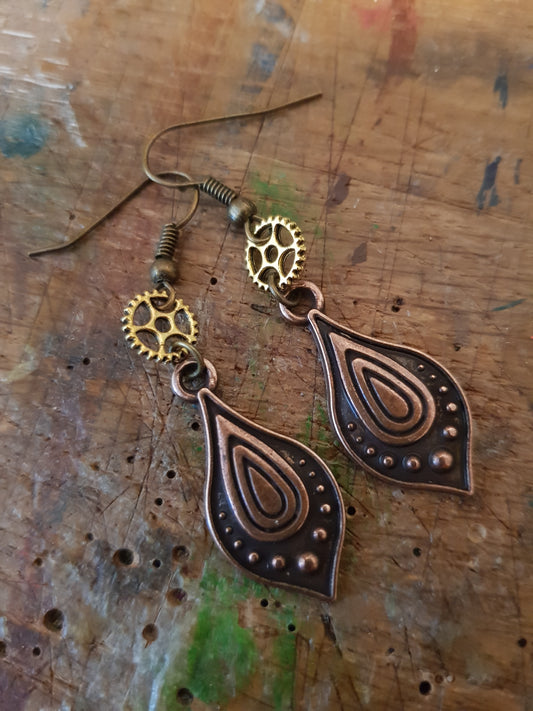 Copper and Gold Toned Cog and Paisley Style Earrings