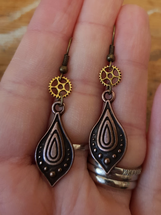 Copper and Gold Toned Cog and Paisley Style Earrings