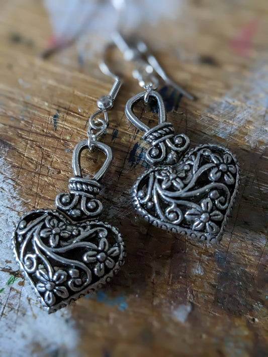 Floral, Filigree 3D Heart Earrings