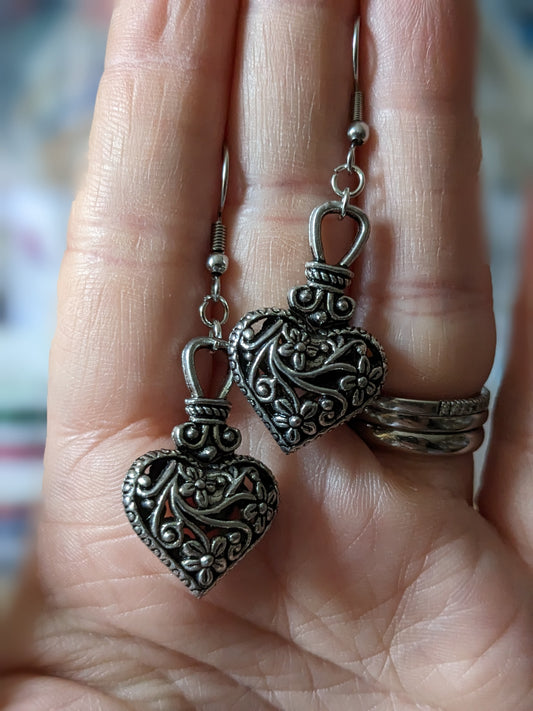 Floral, Filigree 3D Heart Earrings