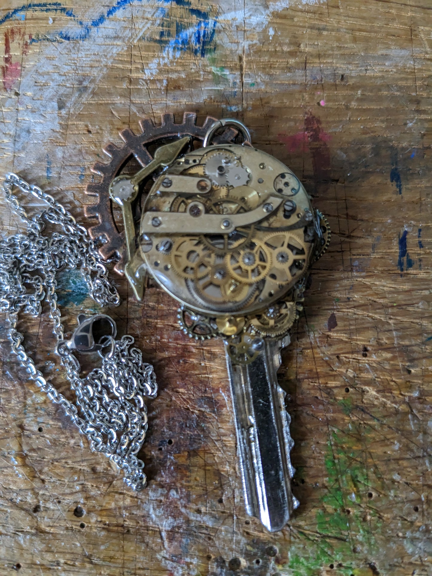 Upcycled Door Key Pendant With Vintage Watchparts