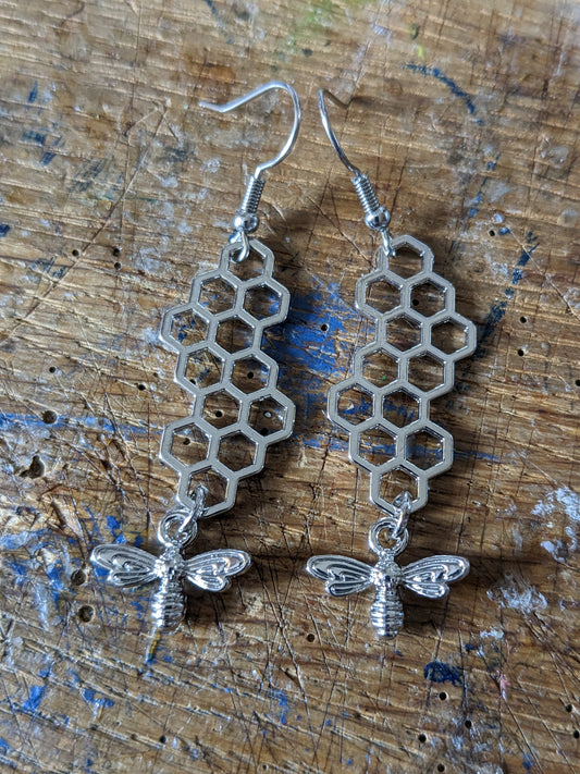 Long Honey Comb and Bee Earrings