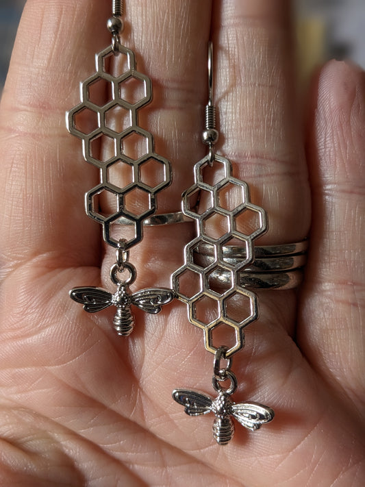 Long Honey Comb and Bee Earrings