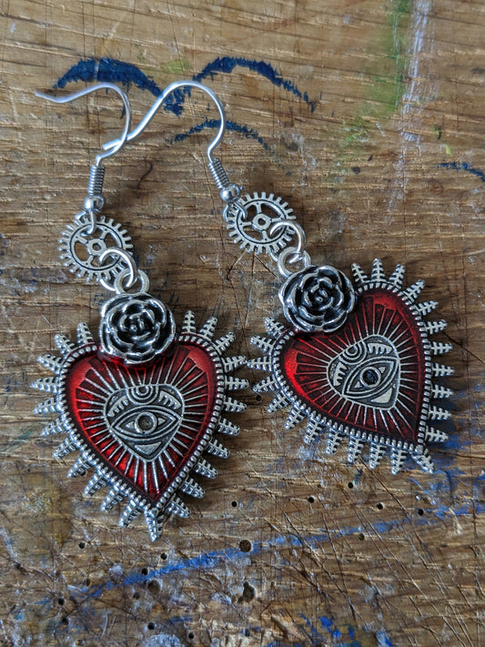 Sacred Heart and Cog Earrings