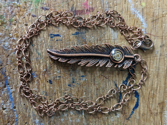 Copper Plated Feather and Watch Part Pendant