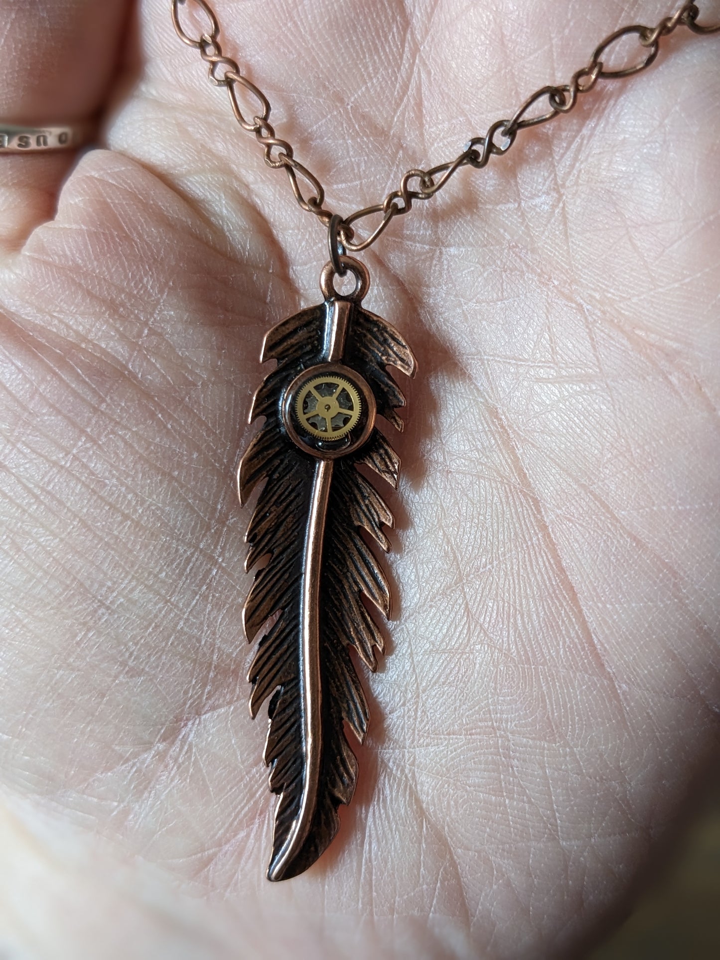 Copper Plated Feather and Watch Part Pendant