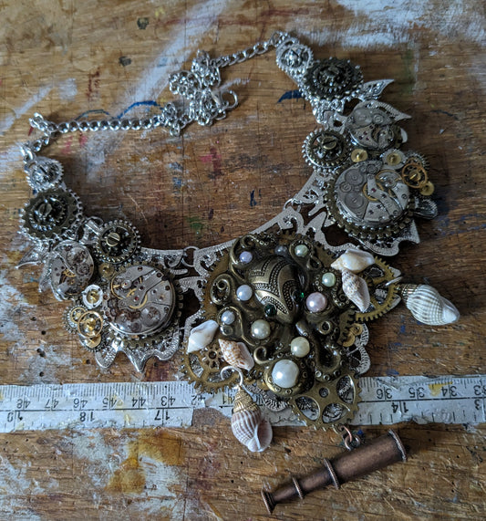 Octopus and Sea Shell Vintage Watch Parts Steampunk Bib Necklace