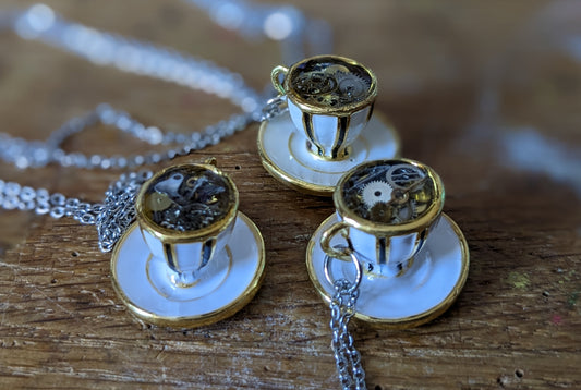 3D Tea Cup Pendant Filled With Watch Parts