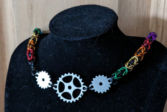 Rainbow Coloured Byzantine Weave Chainmaille Necklace With Cogs