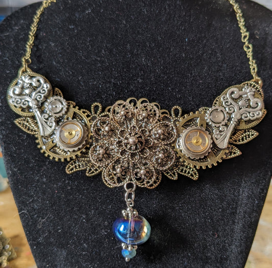Filigree Flower and Keys Steampunk Bib Necklace