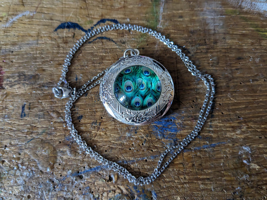 Silver Toned Peacock Feather Locket Necklace