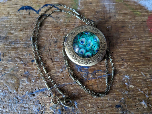 Bronze Toned Peacock Feather Locket Necklace