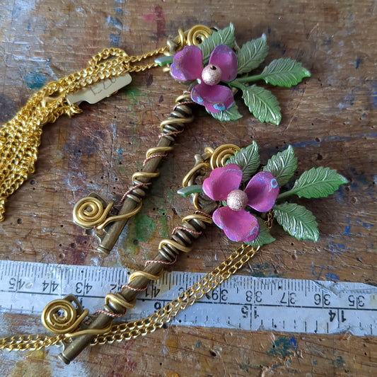 Hand Painted Flower Wire Wrapped Key Pendant