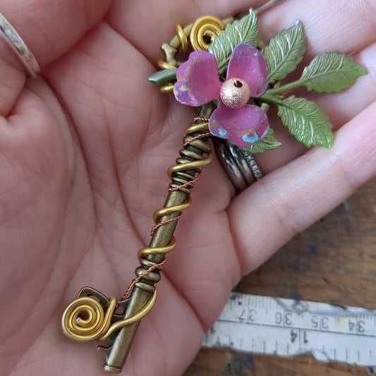 Hand Painted Flower Wire Wrapped Key Pendant