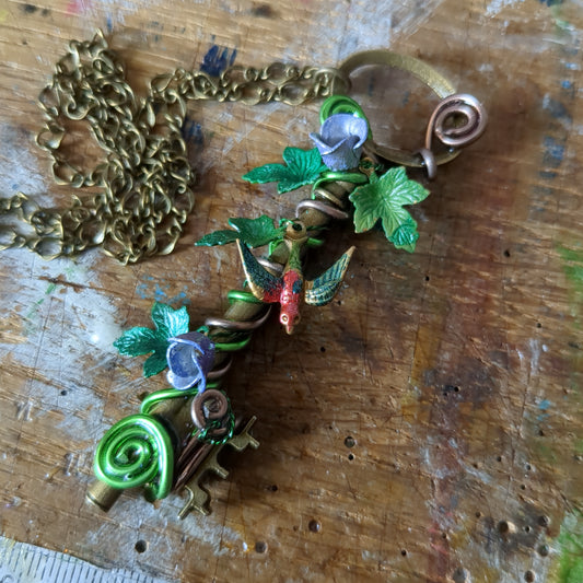 Bird and Flowers Wire wrapped Key Pendant