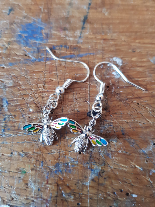 Rainbow Winged Diamante Bee Earrings