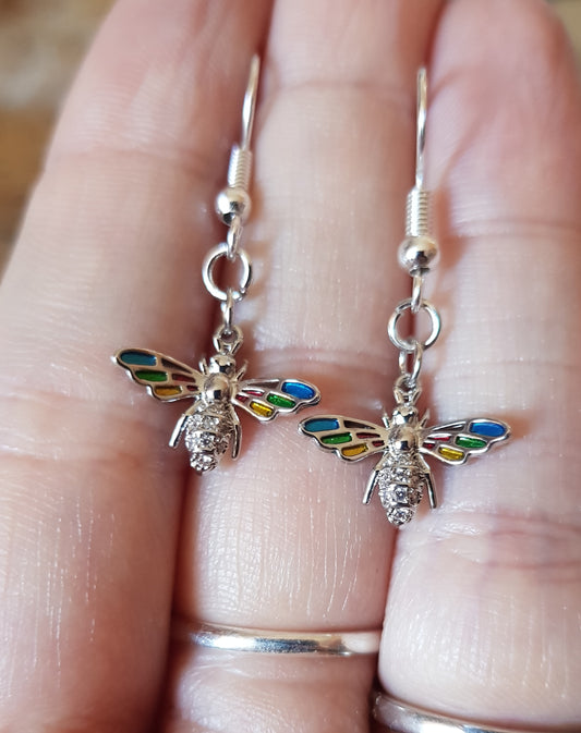 Rainbow Winged Diamante Bee Earrings