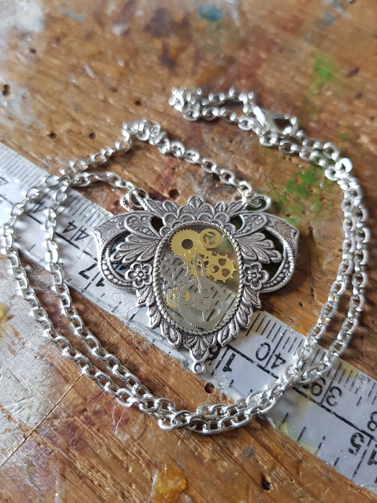 Victorian Style Silver Tone Necklace with Resin Set Watch Parts
