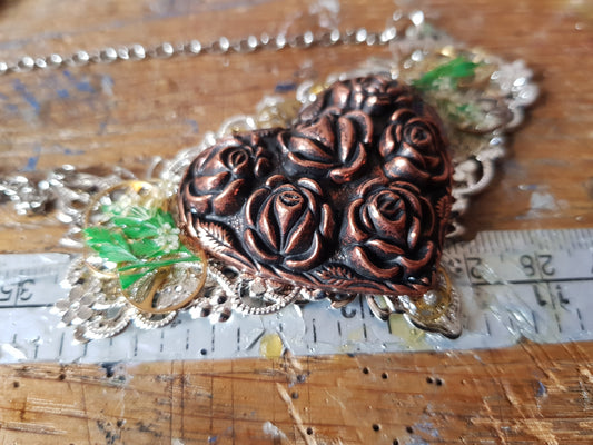 Rose Heart and Watch Parts Necklace
