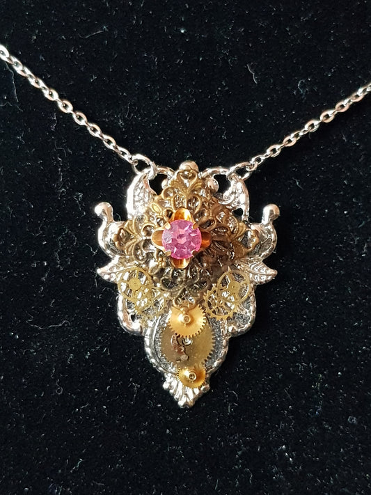 Delicate Pink Stone Steampunk Necklace