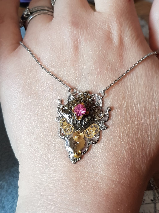 Delicate Pink Stone Steampunk Necklace