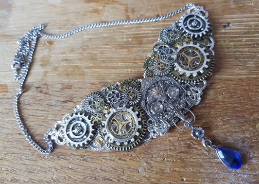 Blue Drop and Watch Parts Steampunk Bib Necklace