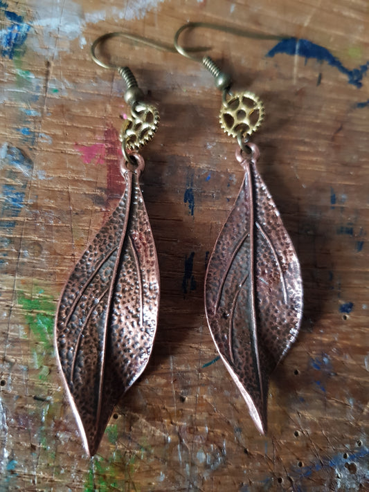 Copper Leaf and Golden Cog Earrings
