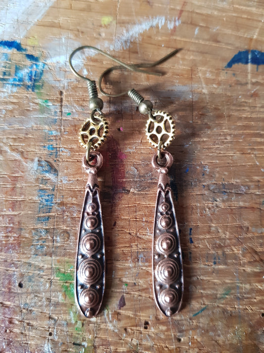 Copper and Gold Elongated Drop and Cog Earrings