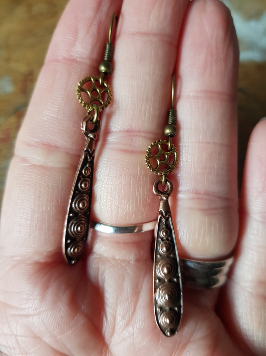 Copper and Gold Elongated Drop and Cog Earrings