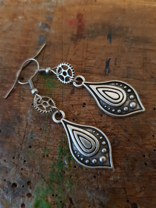 Silver Toned Cog and Paisley Style Earrings