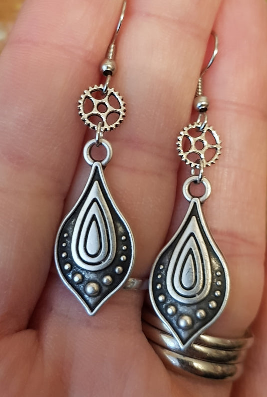 Silver Toned Cog and Paisley Style Earrings