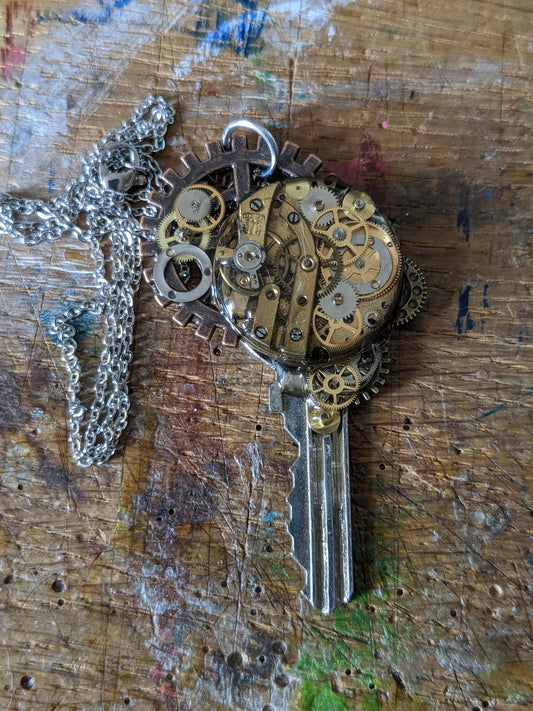 Upcycled Door Key Pendant with Vintage Watchparts